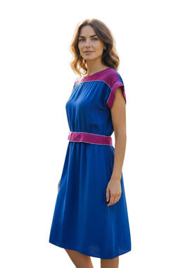 NILANI Women's Size 8 10 100% Silk Dress Royal Blue Magenta Short Sleeve Belted